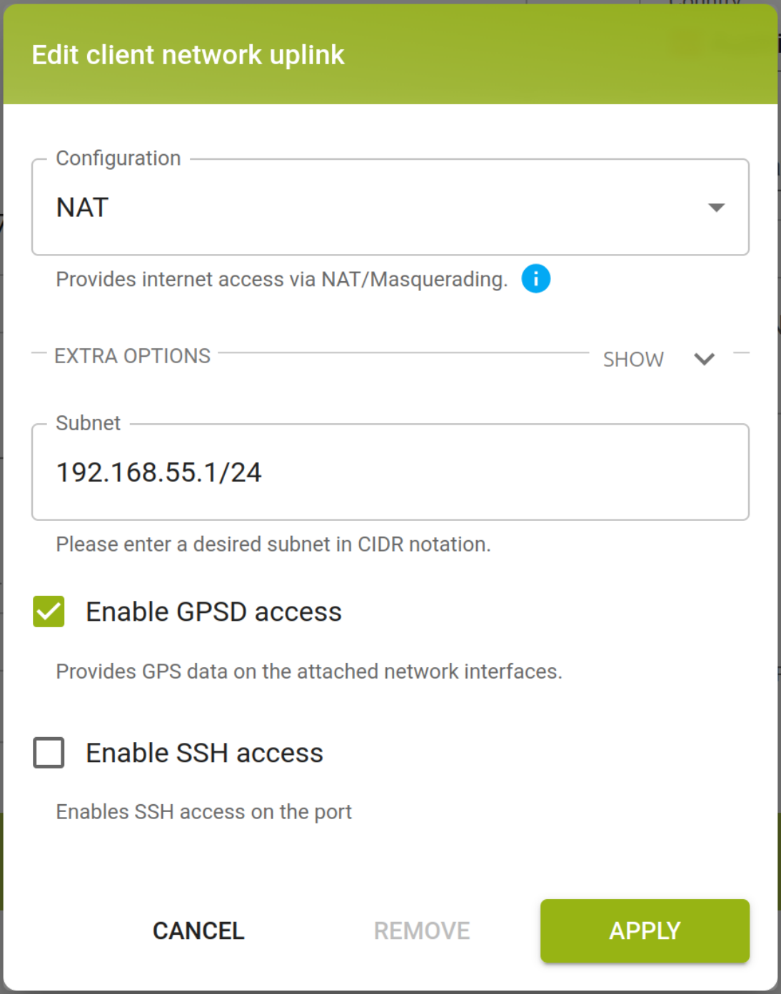 Edit client network uplink dialog with GPSd access enabled